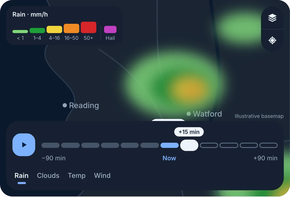 A rain radar map around Reading and Watford with a shower cell, the intensity legend and the frame timeline.