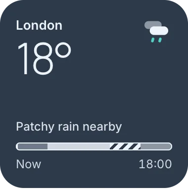 Small widget on a rain sky: London, 18°, patchy rain nearby.